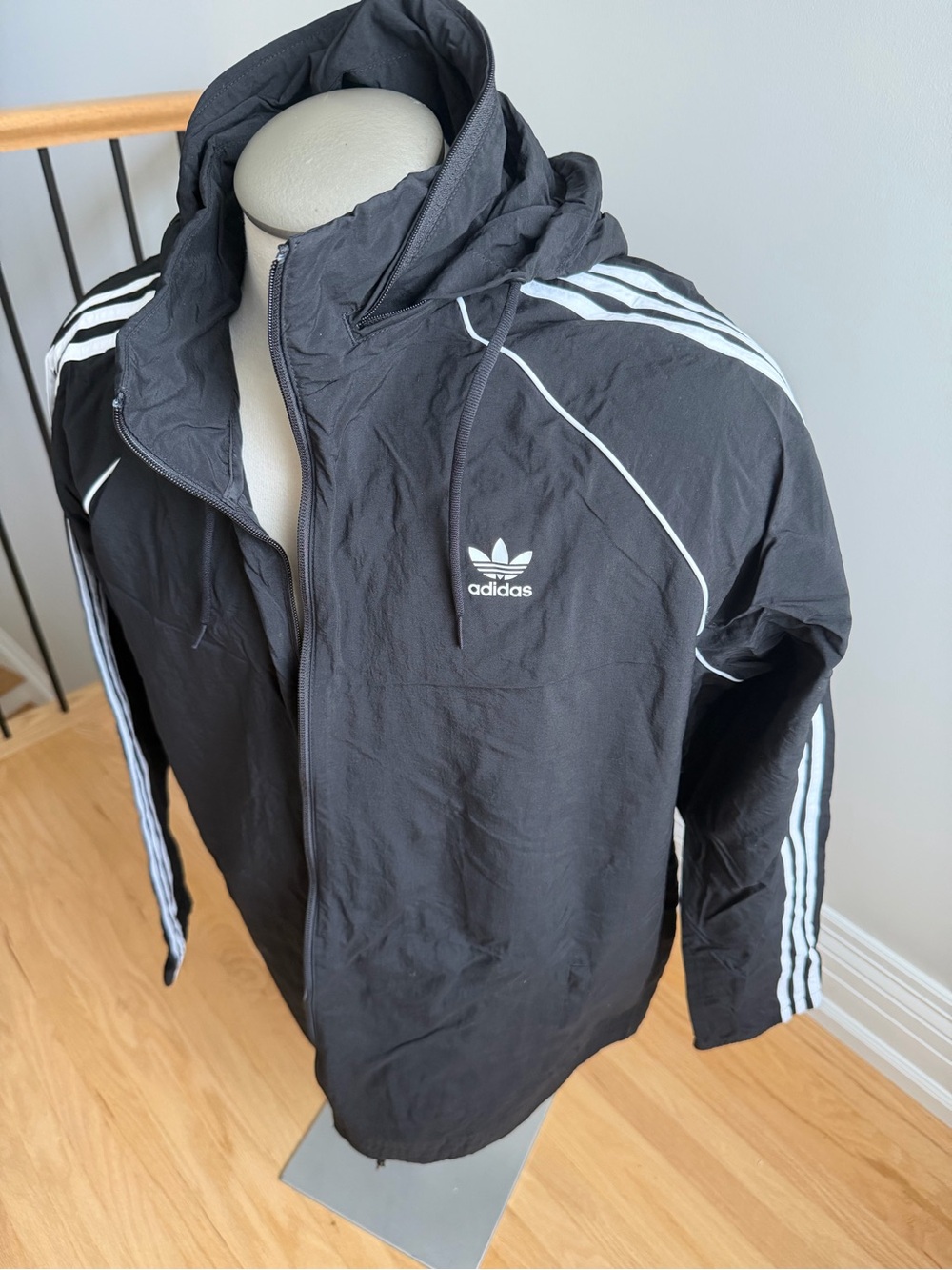 adidas Black Hooded Windbreaker with White Stripes